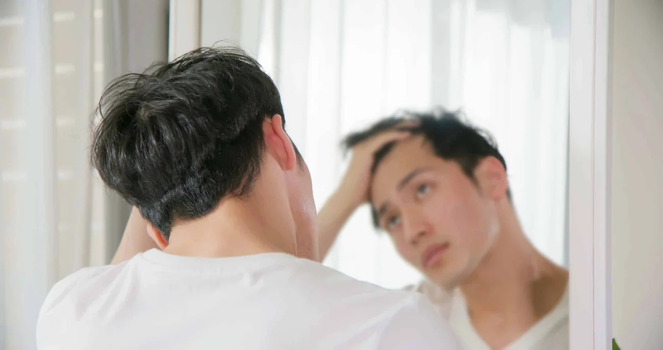 asian guy looking at hair
