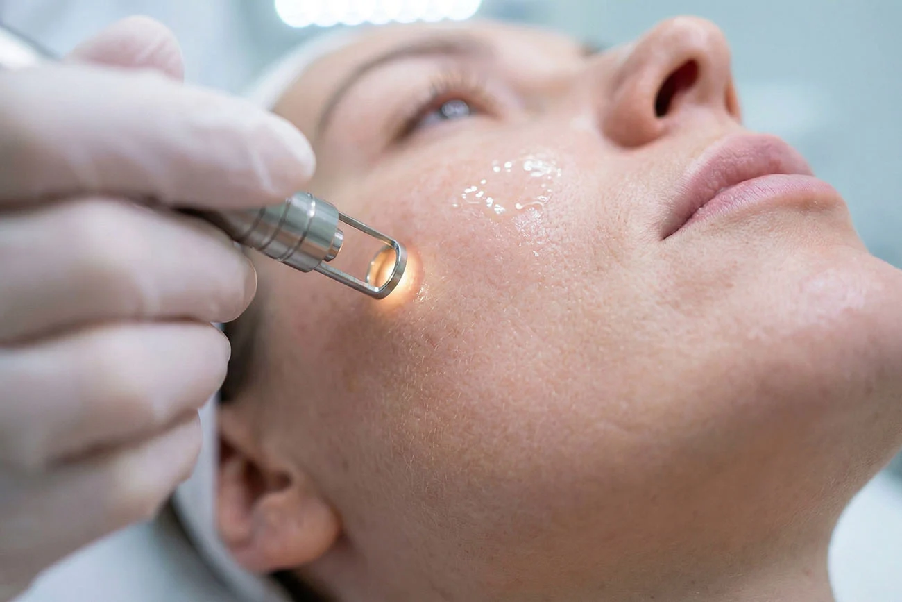 Patient receiving laser skin resurfacing treatment on the cheek from a gloved specialist.